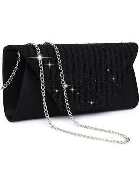 Women’s Black Clutch Purse With Detachable Chain Wedding Formal Evening Bag